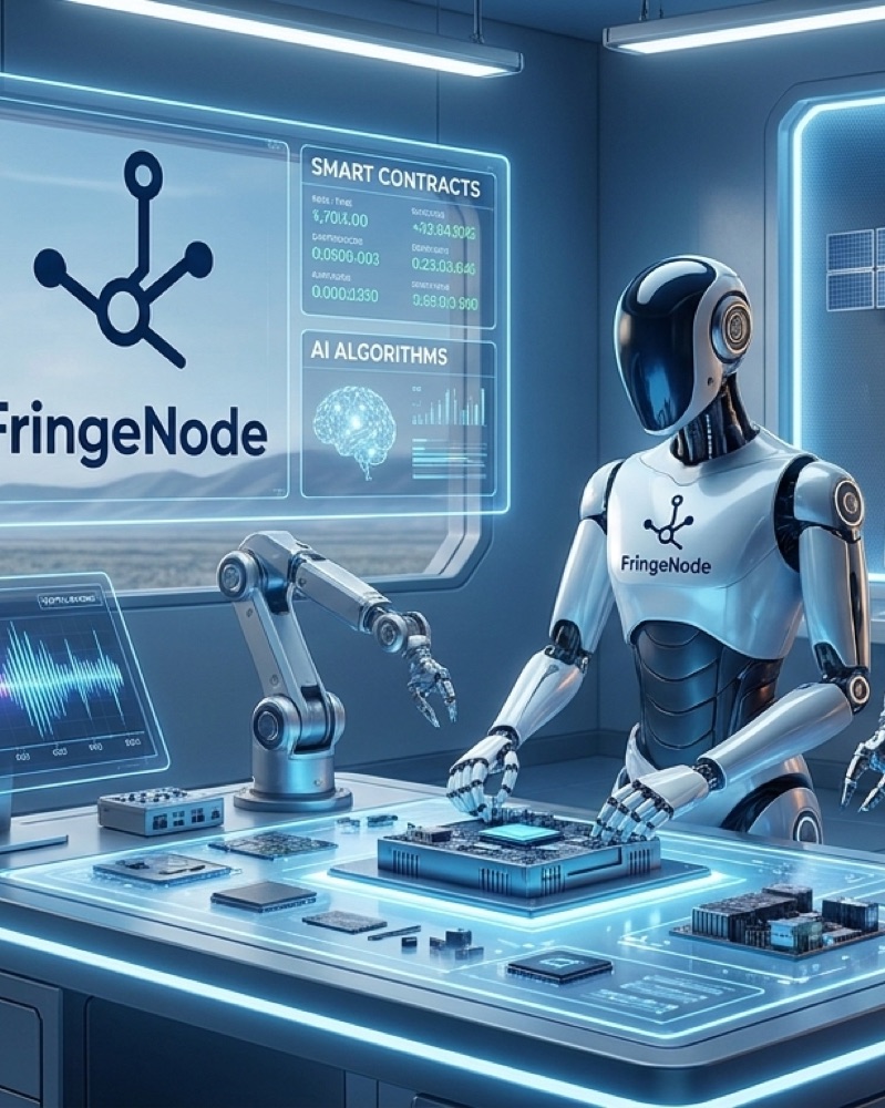 FringeNode-konsept: humanoid ved arbeidsbord med smartkontrakter, AI og satellittutstyr